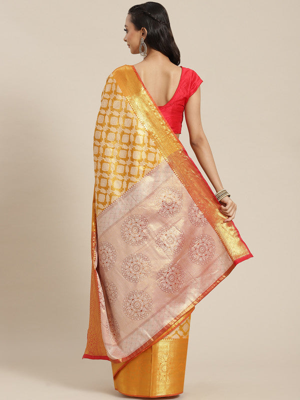 Mustard Brocade Woven Zari Design Floral Saree with Unstitched Blouse - Hiral Fashion - Distacart