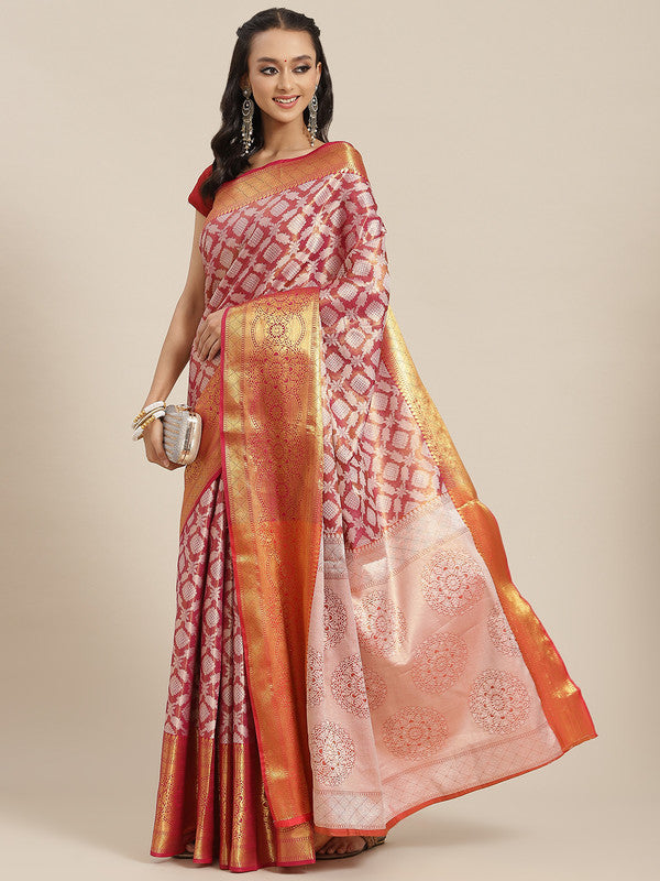 Pink Brocade Woven Zari Design Floral Saree with Unstitched Blouse - Hiral Fashion - Distacart