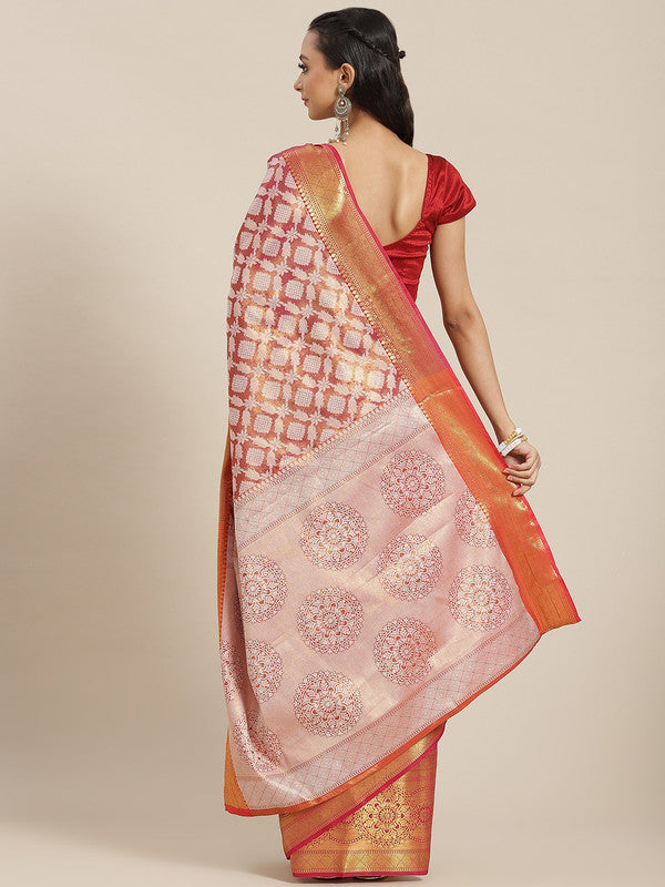 Pink Brocade Woven Zari Design Floral Saree with Unstitched Blouse - Hiral Fashion - Distacart