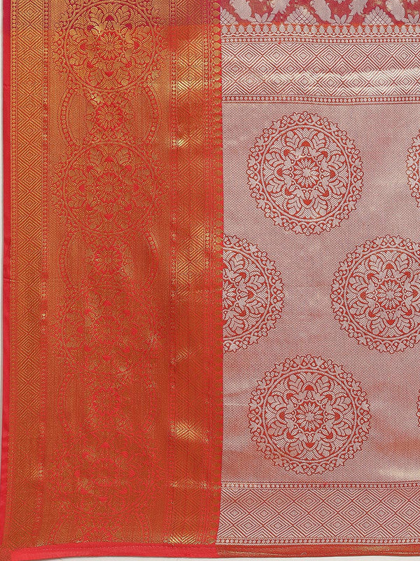 Pink Brocade Woven Zari Design Floral Saree with Unstitched Blouse - Hiral Fashion - Distacart