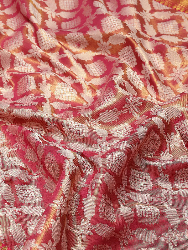 Pink Brocade Woven Zari Design Floral Saree with Unstitched Blouse - Hiral Fashion - Distacart