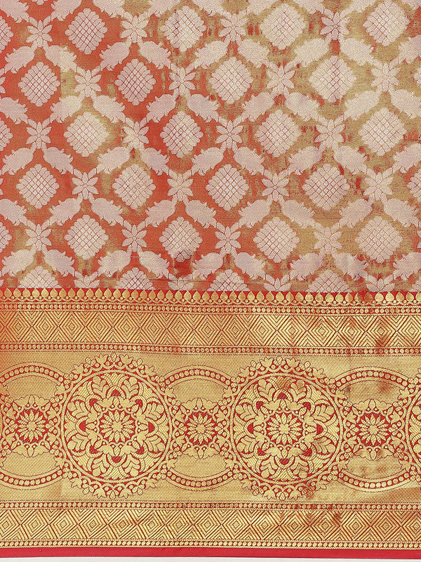 Red Brocade Woven Zari Design Floral Saree with Unstitched Blouse - Hiral Fashion - Distacart