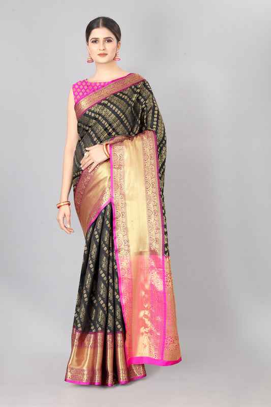 Olive Banarasi Silk Woven Zari Design Striped Saree with Unstitched Blouse - Hiral Fashion - Distacart