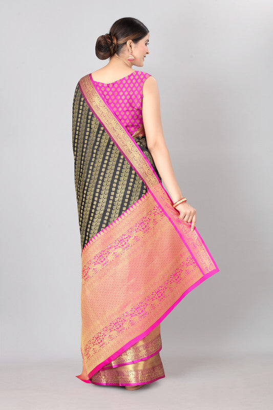 Olive Banarasi Silk Woven Zari Design Striped Saree with Unstitched Blouse - Hiral Fashion - Distacart