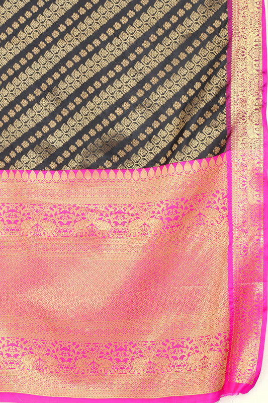 Olive Banarasi Silk Woven Zari Design Striped Saree with Unstitched Blouse - Hiral Fashion - Distacart