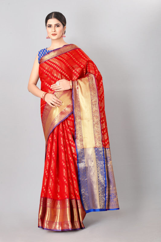 Red Silk Blend Woven Zari Design Abstract Saree with Unstitched Blouse - Hiral Fashion - Distacart