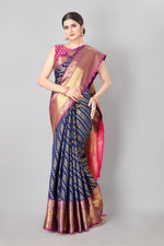 Thumbnail for Navy Blue Banarasi Silk Woven Zari Design Striped Saree with Unstitched Blouse - Hiral Fashion - Distacart