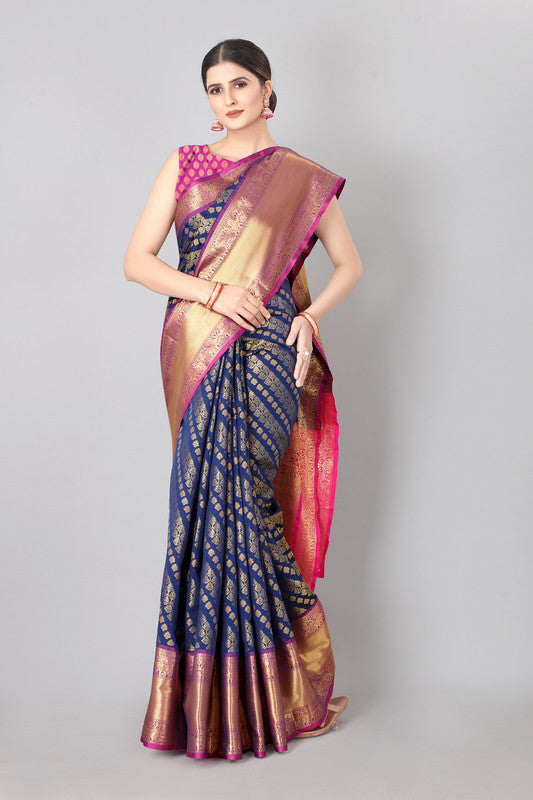 Navy Blue Banarasi Silk Woven Zari Design Striped Saree with Unstitched Blouse - Hiral Fashion - Distacart