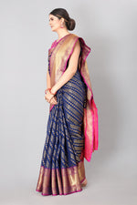 Thumbnail for Navy Blue Banarasi Silk Woven Zari Design Striped Saree with Unstitched Blouse - Hiral Fashion - Distacart