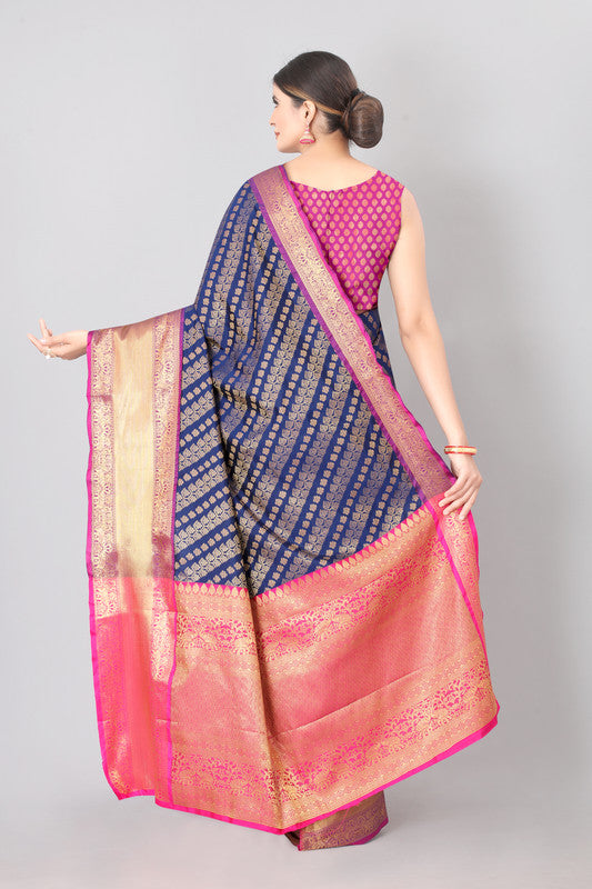 Navy Blue Banarasi Silk Woven Zari Design Striped Saree with Unstitched Blouse - Hiral Fashion - Distacart