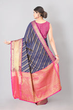 Thumbnail for Navy Blue Banarasi Silk Woven Zari Design Striped Saree with Unstitched Blouse - Hiral Fashion - Distacart