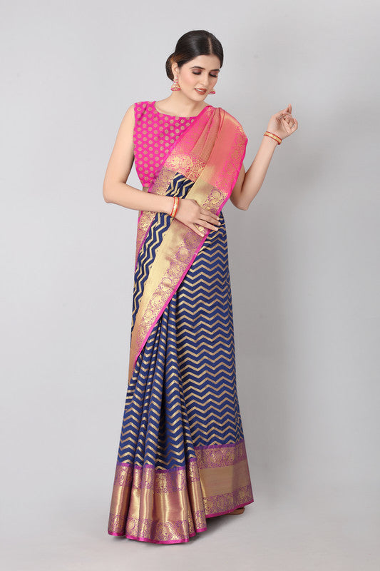 Navy Blue Silk Blend Woven Zari Design Striped Saree with Unstitched Blouse - Hiral Fashion - Distacart