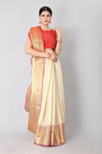 Thumbnail for White Silk Blend Woven Zari Design Striped Saree with Unstitched Blouse - Hiral Fashion - Distacart