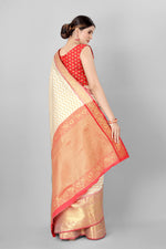 Thumbnail for White Silk Blend Woven Zari Design Striped Saree with Unstitched Blouse - Hiral Fashion - Distacart