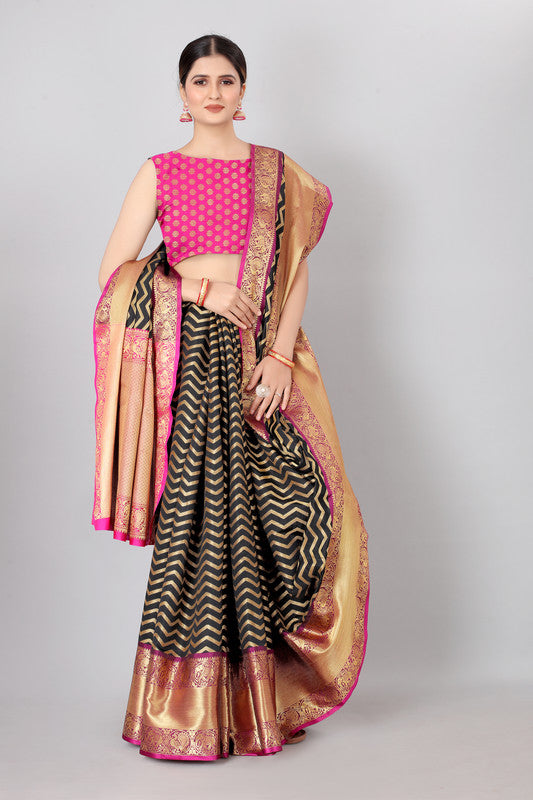 Black Silk Blend Woven Zari Design Striped Saree with Unstitched Blouse - Hiral Fashion - Distacart