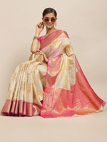 Thumbnail for Beige Jute Silk Woven Zari Design Geomatric Saree with Unstitched Blouse - Hiral Fashion - Distacart