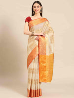 Thumbnail for Beige Jute Silk Embellished Geomatric Saree with Unstitched Blouse - Hiral Fashion - Distacart