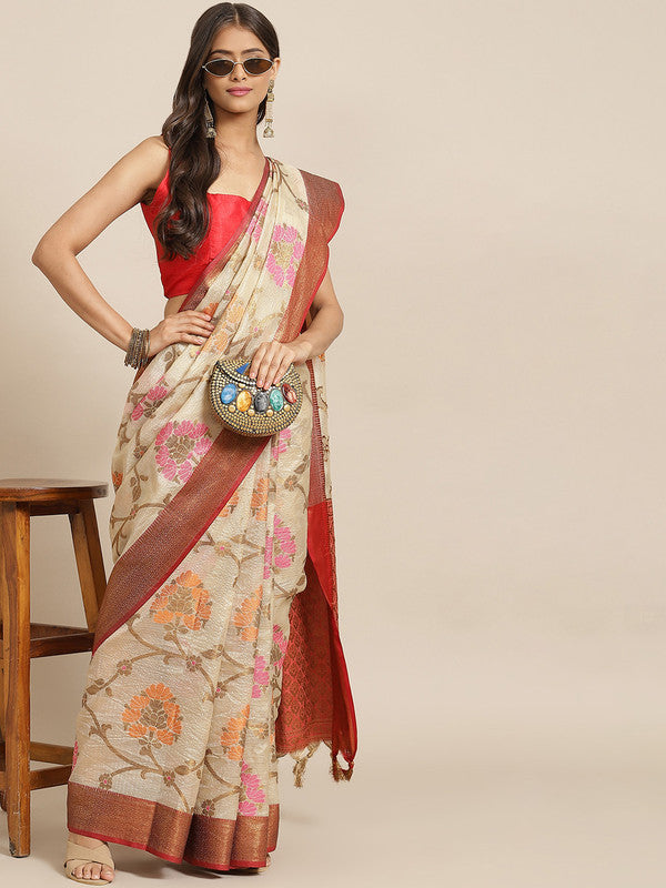 Beige Tusser Silk Woven Zari Design Floral Saree with Unstitched Blouse - Hiral Fashion - Distacart