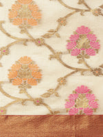 Thumbnail for Beige Tusser Silk Woven Zari Design Floral Saree with Unstitched Blouse - Hiral Fashion - Distacart