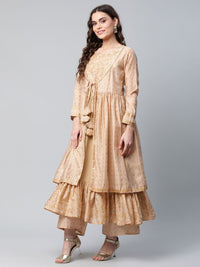 Thumbnail for Ahalyaa Womens Beige Chanderi Kurta Palazzo Set with Dupatta - Distacart