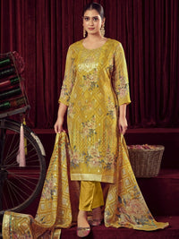 Thumbnail for Aastha Fashion Women's Mustard Organza Jacquard Woven Kurta with Trouser & Dupatta - Distacart