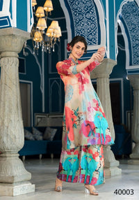 Thumbnail for Designer Stylish Light Brown With Sky Pure Muslin Stitched Suit - Apoorva