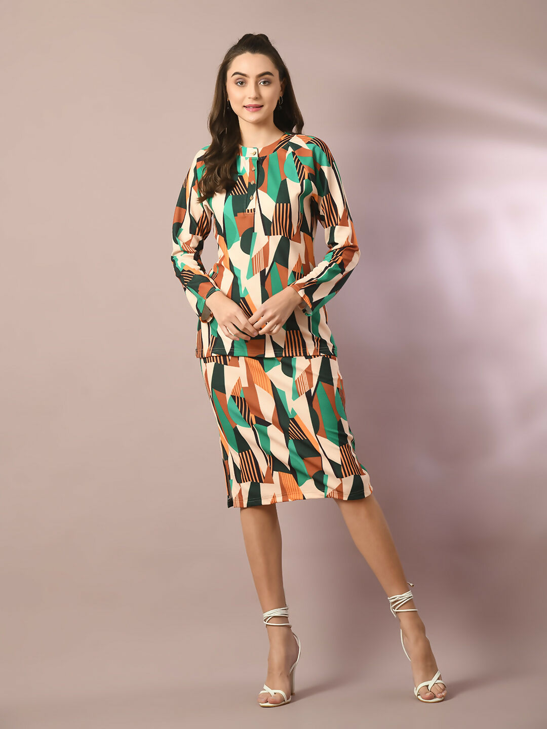 Myshka Women's Multi Printed Round Neck Party Top With Skirt Co-ord set - Distacart