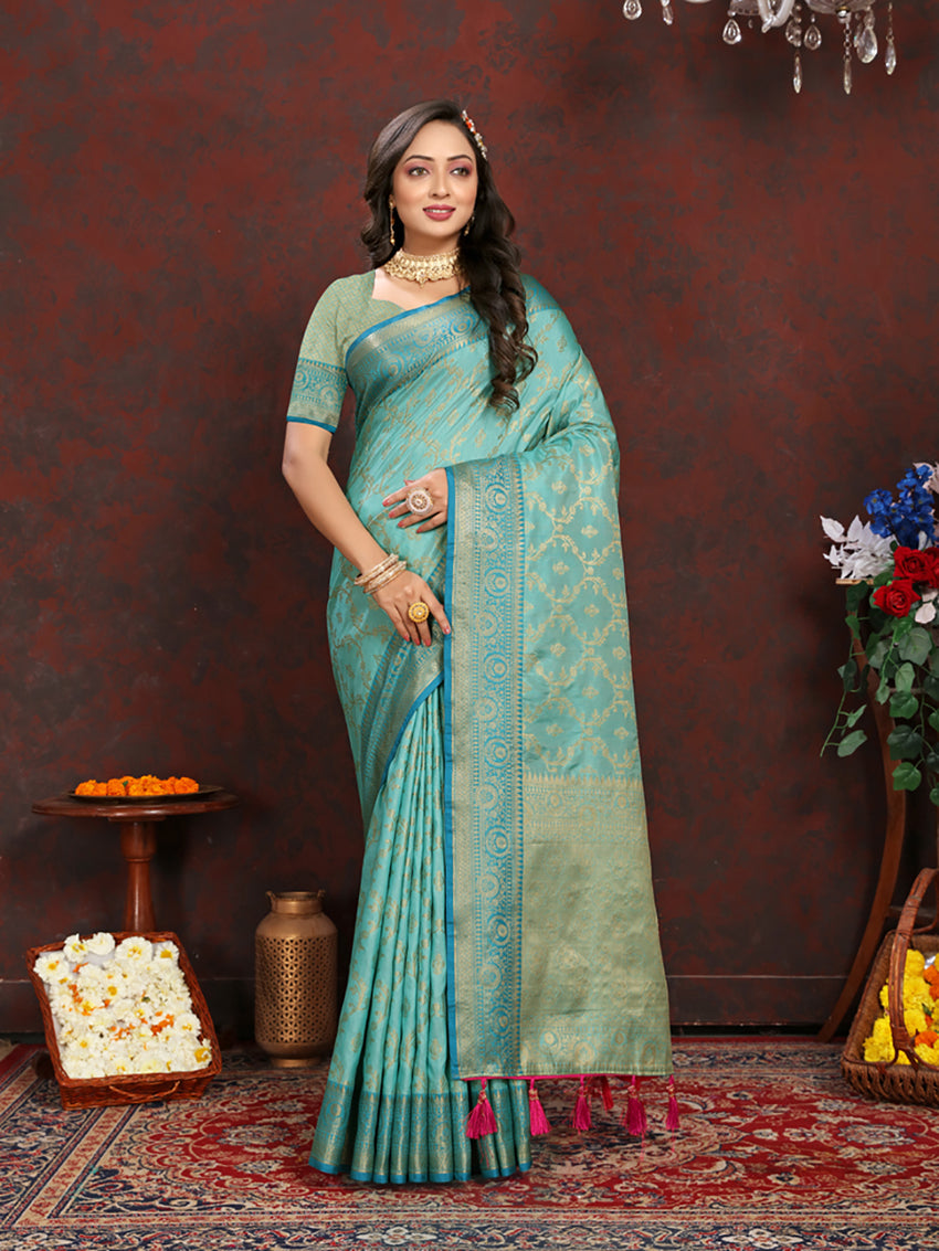 Lorenvalley Fashion Seagreen Soft Katan Silk Woven Design Zari Weaving Pallu Saree