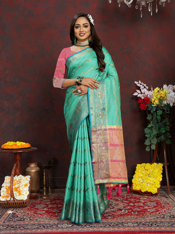 Lorenvalley Fashion Seagreen Soft Katan Silk Woven Design Zari Weaving Pallu Saree - Distacart
