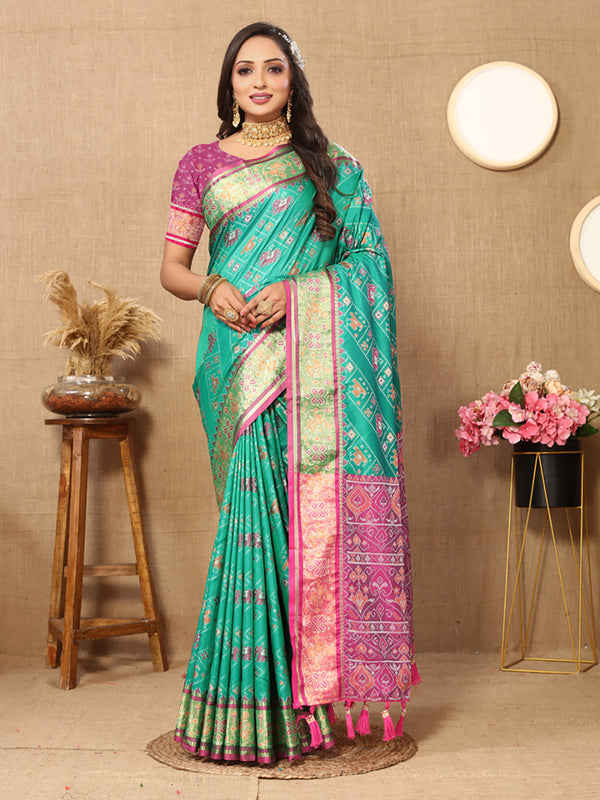 Lorenvalley Fashion Seagreen Patola Silk Woven Design with Zari Meenakari Weaving motifs Pallu Saree - Distacart