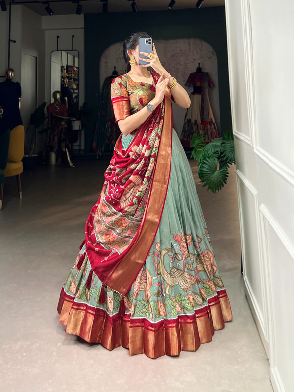 Lorenvalley Seagreen Dola Silk and Jacquard Silk Printed (Kalamkari) With Zari Weaving Border Lehenga Choli - Distacart