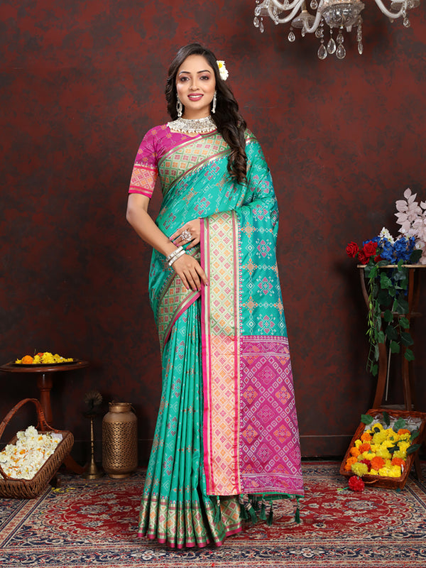 Lorenvalley Fashion Seagreen Patola Silk Woven Design with Zari Meenakari Weaving motifs Pallu Saree - Distacart