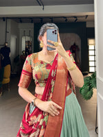 Thumbnail for Lorenvalley Seagreen Dola Silk and Jacquard Silk Printed (Kalamkari) With Zari Weaving Border Lehenga Choli - Distacart