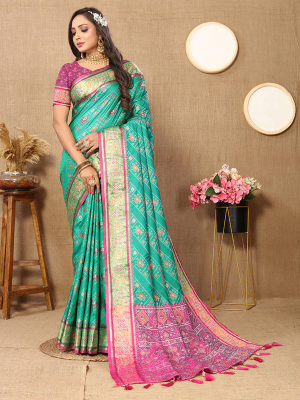 Lorenvalley Fashion Seagreen Patola Silk Woven Design with Zari Meenakari Weaving motifs Pallu Saree - Distacart