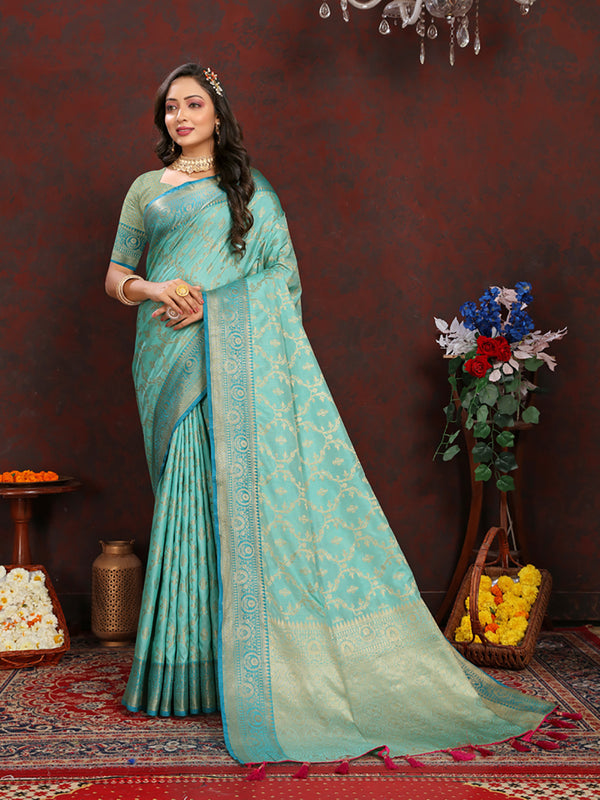 Lorenvalley Fashion Seagreen Soft Katan Silk Woven Design Zari Weaving Pallu Saree - Distacart