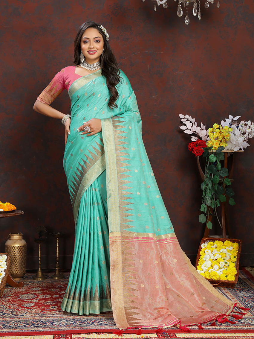 Lorenvalley Fashion Seagreen Soft Katan Silk Woven Design Zari Weaving Pallu Saree
