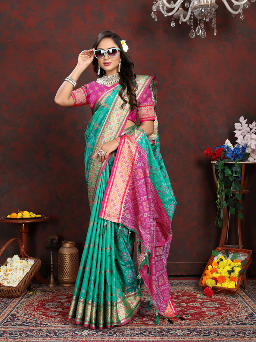 Lorenvalley Fashion Seagreen Patola Silk Woven Design with Zari Meenakari Weaving motifs Pallu Saree - Distacart