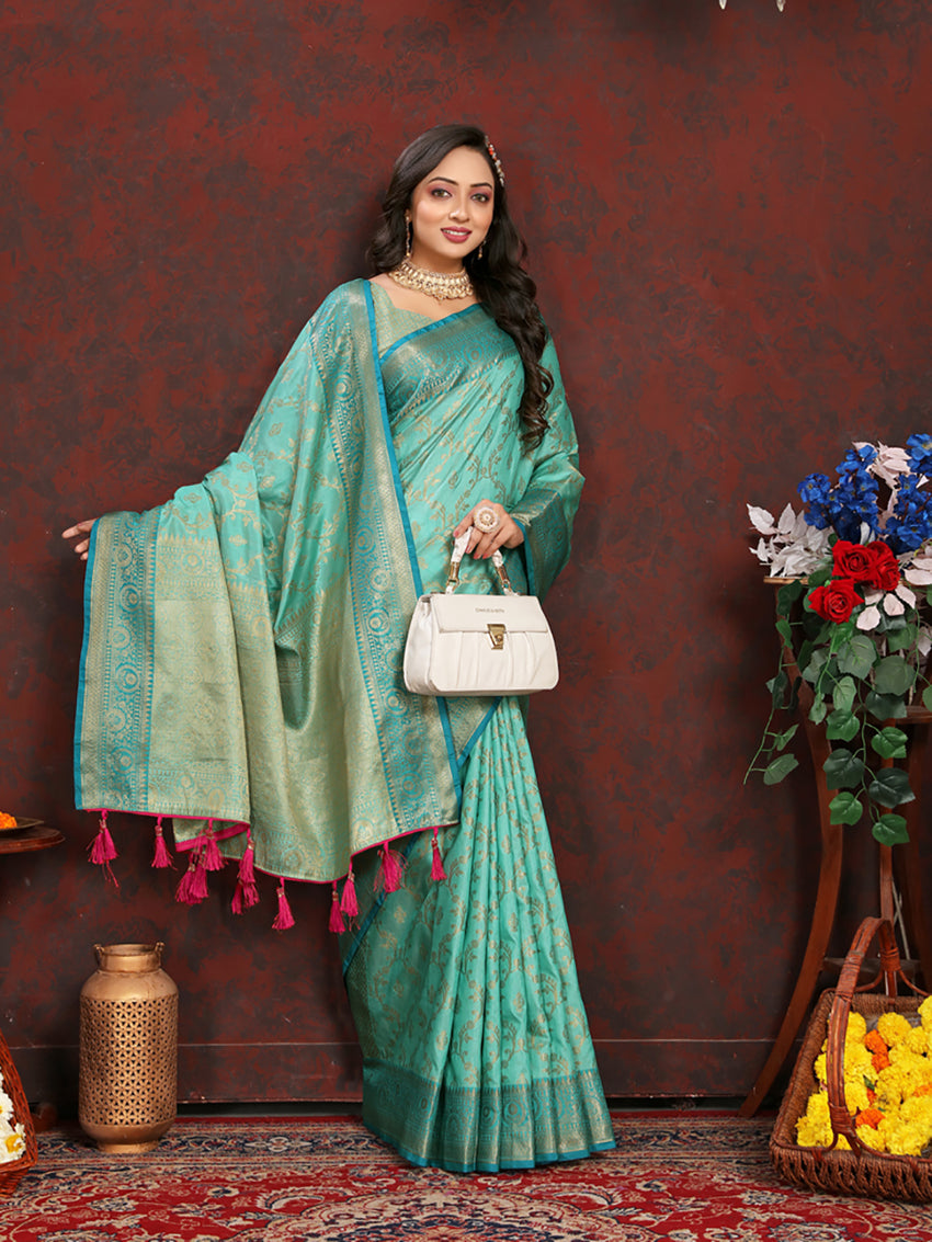 Lorenvalley Fashion Seagreen Soft Katan Silk Woven Design Zari Weaving Pallu Saree