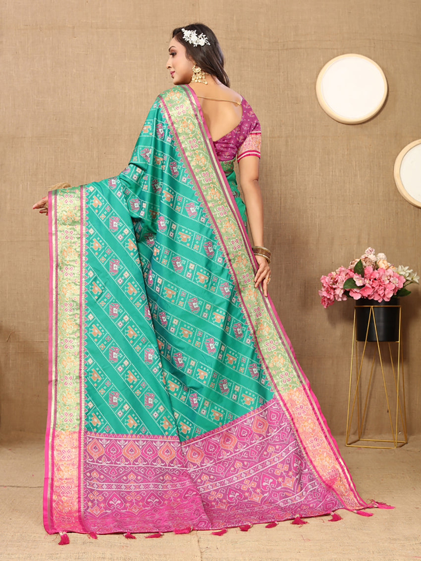 Lorenvalley Fashion Seagreen Patola Silk Woven Design with Zari Meenakari Weaving motifs Pallu Saree - Distacart