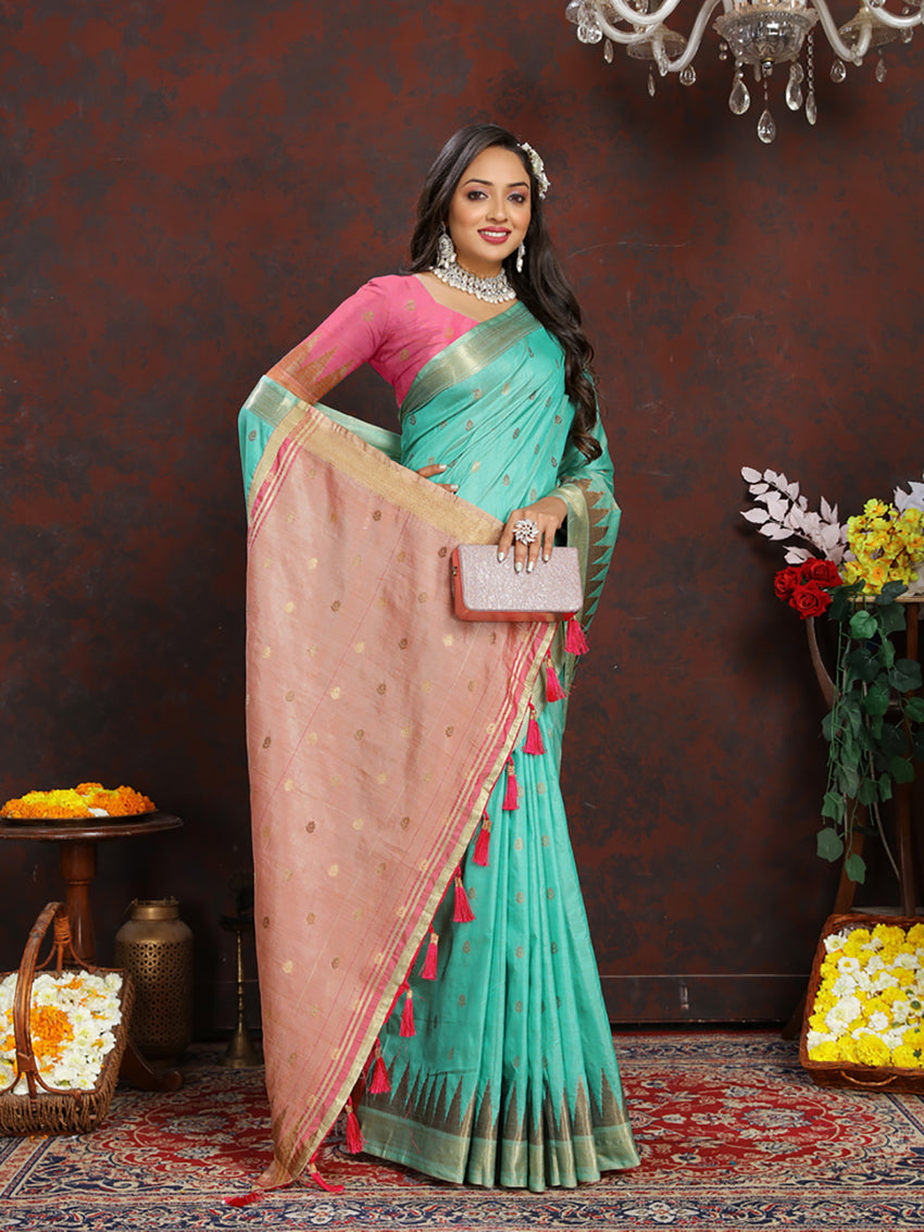 Lorenvalley Fashion Seagreen Soft Katan Silk Woven Design Zari Weaving Pallu Saree