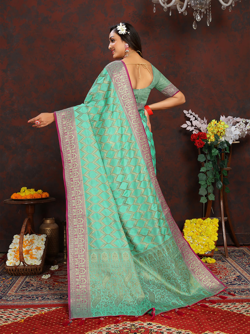 Lorenvalley Fashion Seagreen Soft Katan Silk Woven Design Rich Zari Weaving Pallu Saree - Distacart