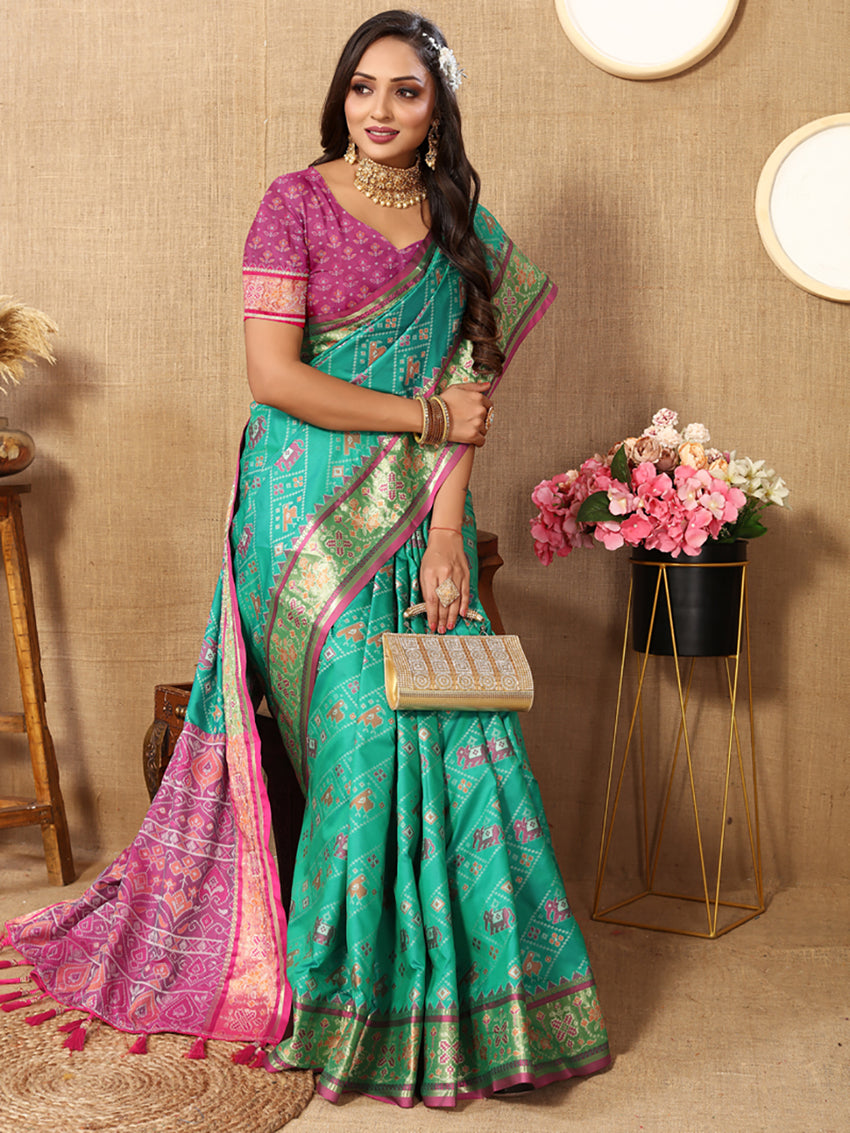 Lorenvalley Fashion Seagreen Patola Silk Woven Design with Zari Meenakari Weaving motifs Pallu Saree - Distacart