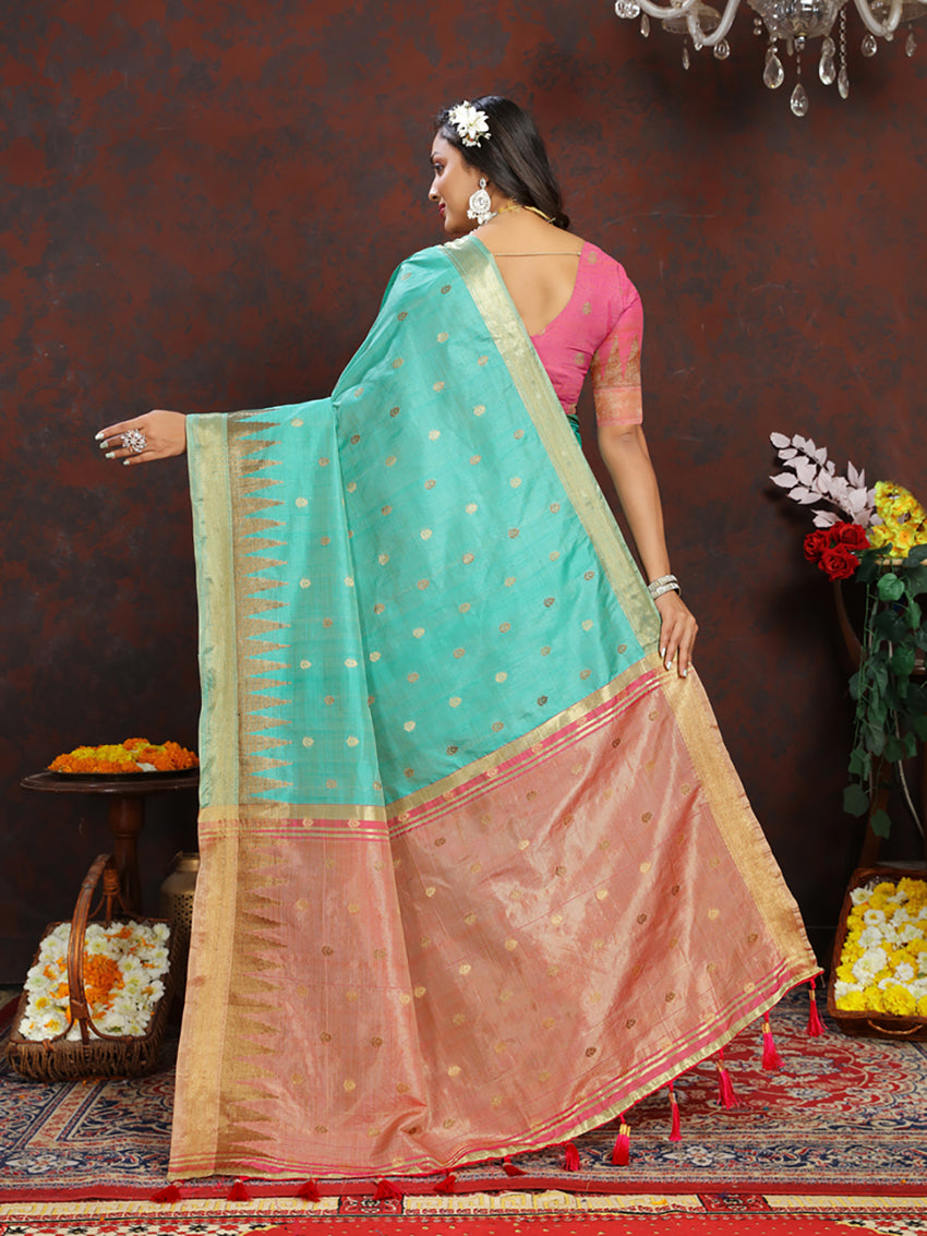 Lorenvalley Fashion Seagreen Soft Katan Silk Woven Design Zari Weaving Pallu Saree