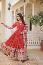 Thumbnail for Jyoti Fashion Women's Orange Faux Georgette Sequins Zari Embroideredy Anarkali Dress with Dupatta - Distacart