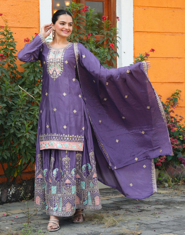 Lehenga Mart Designer Chinon Sharara Suit With Sequence Embroidered Work - Purple - Distacart
