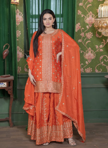 Lehenga Mart Designer Chinon Sharara Suit With Sequence Embroidered Work - Orange - Distacart