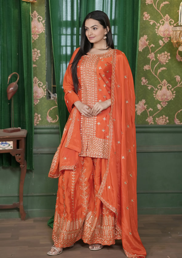 Lehenga Mart Designer Chinon Sharara Suit With Sequence Embroidered Work - Orange - Distacart