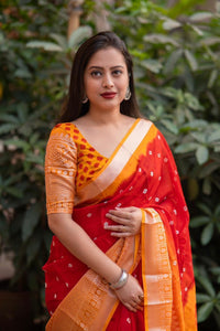 Thumbnail for Red Jute Silk Ethnic Motifs Saree with Unstitched Blouse - A2M