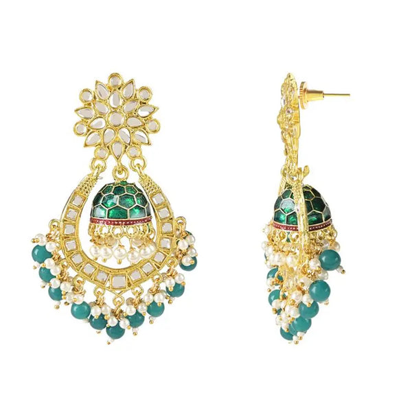 Jewel City Green and Gold-Plated Kundan Chandbali Earrings – Traditional Indian Jhumka Earrings with Pearls