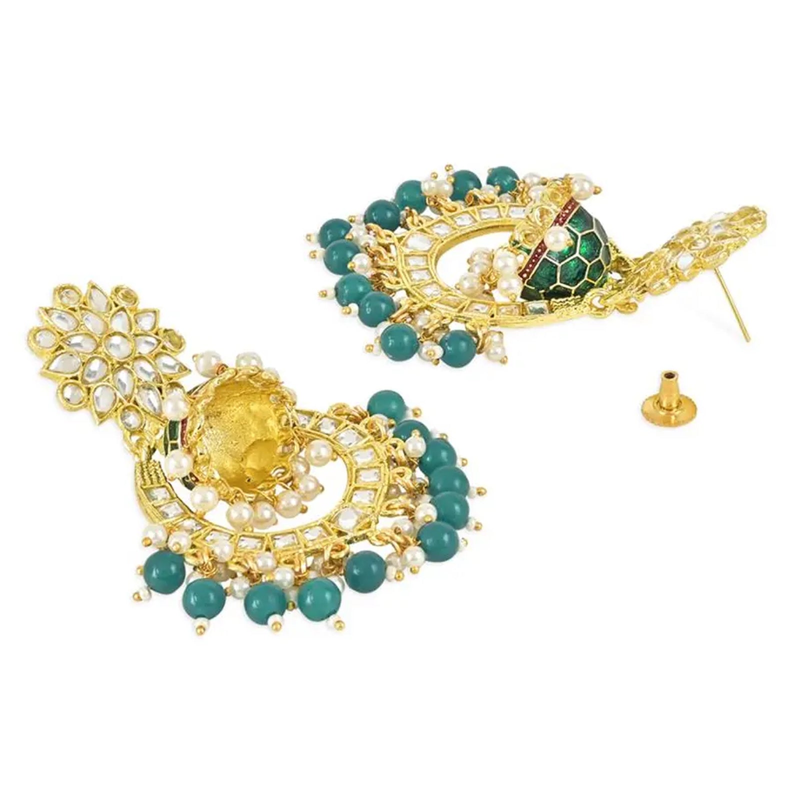 Jewel City Green and Gold-Plated Kundan Chandbali Earrings – Traditional Indian Jhumka Earrings with Pearls